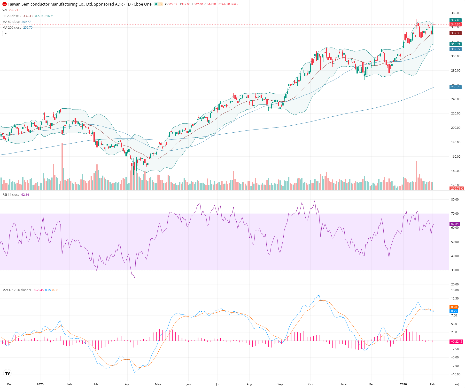 Daily candlestick price chart for TSM as of 2026-02-03T15:04:10.016Z, showing 20-, 50-, and 200-period SMAs, Bollinger Bands, volume, MACD, RSI, and the current price line with top status bar.