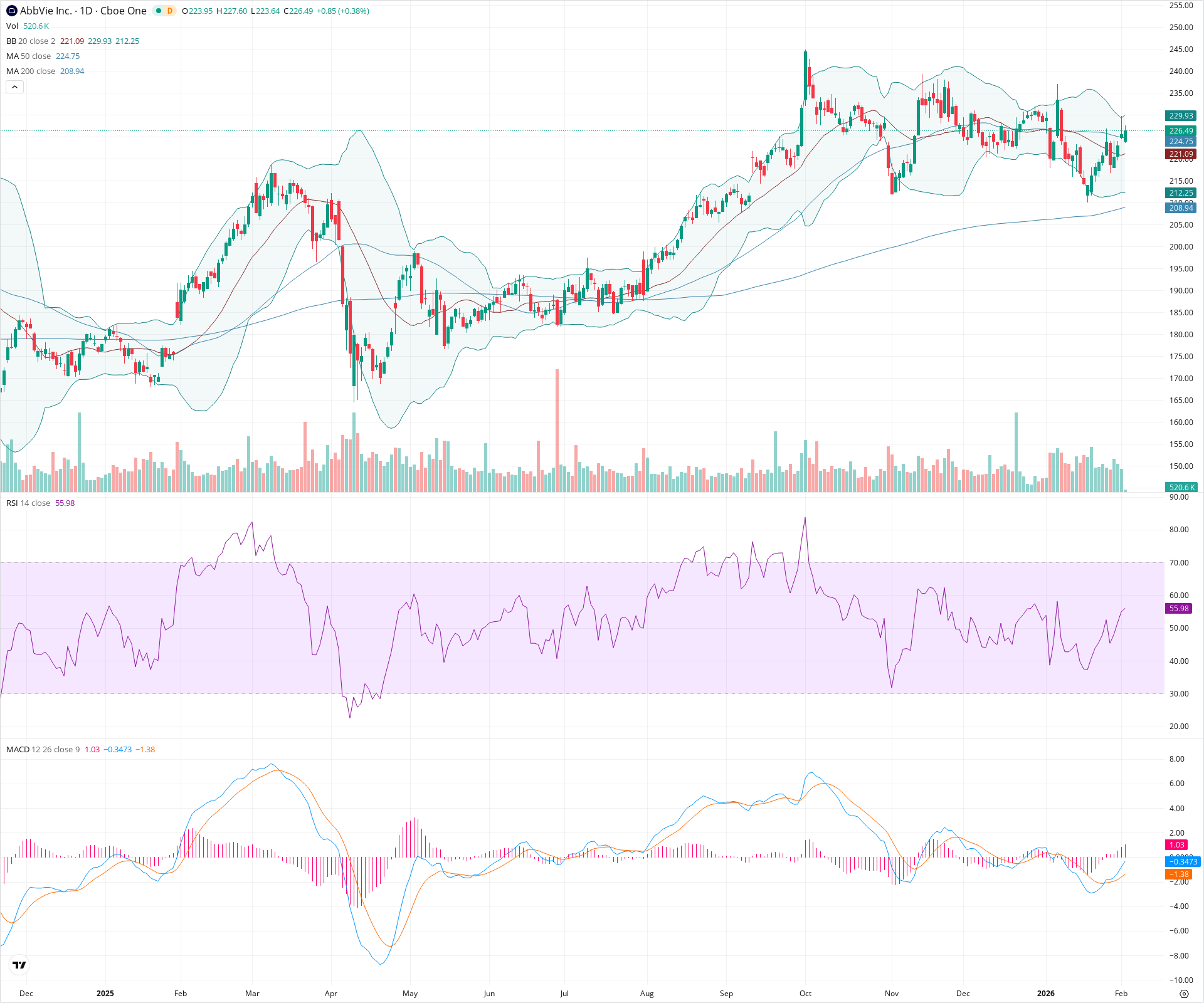 Daily candlestick price chart for ABBV as of 2026-02-03T15:06:48.619Z, showing 20-, 50-, and 200-period SMAs, Bollinger Bands, volume, MACD, RSI, and the current price line with top status bar.