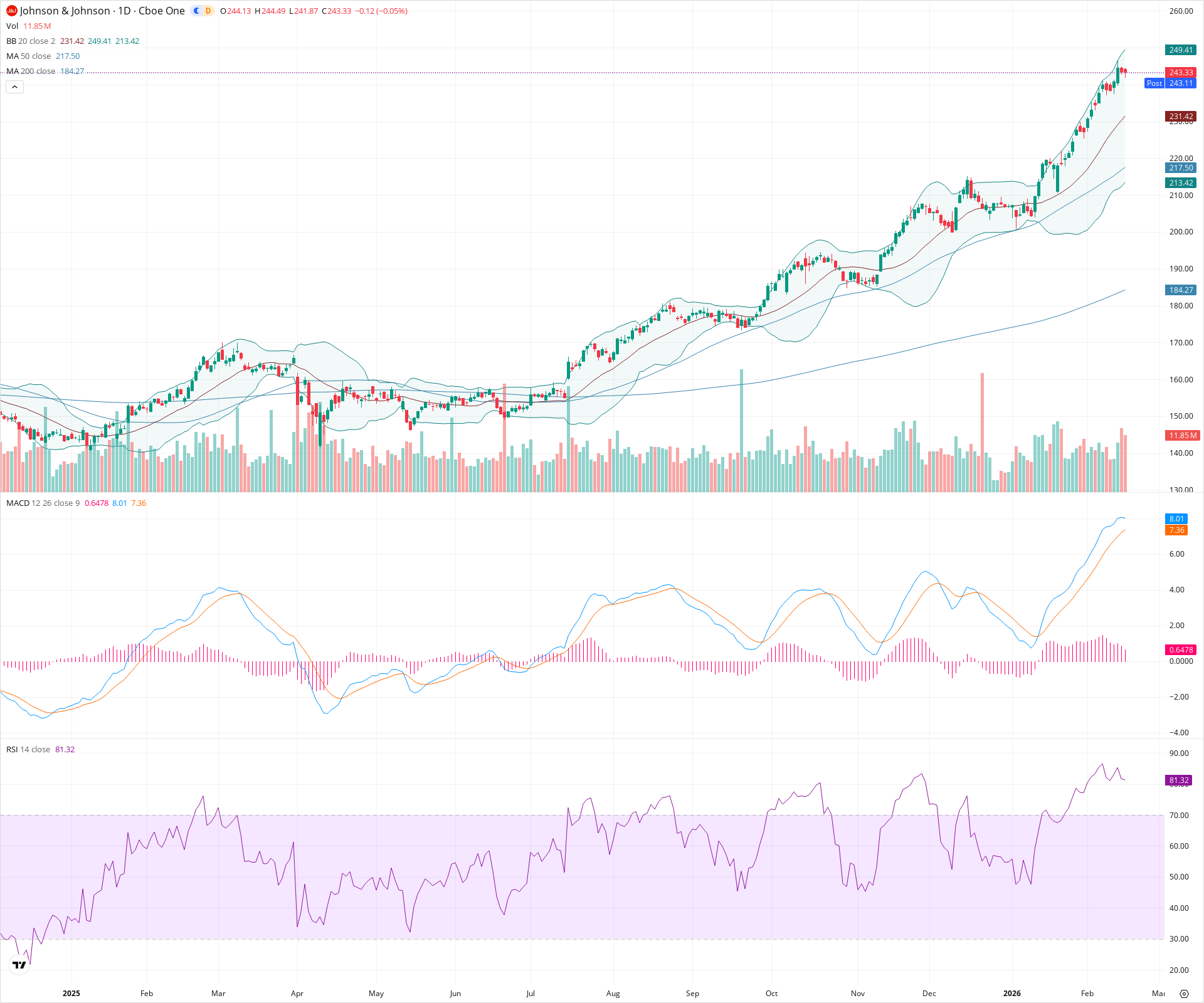 Daily candlestick price chart for JNJ as of 2026-02-17T22:14:38.826Z, showing 20-, 50-, and 200-period SMAs, Bollinger Bands, volume, MACD, RSI, and the current price line with top status bar.