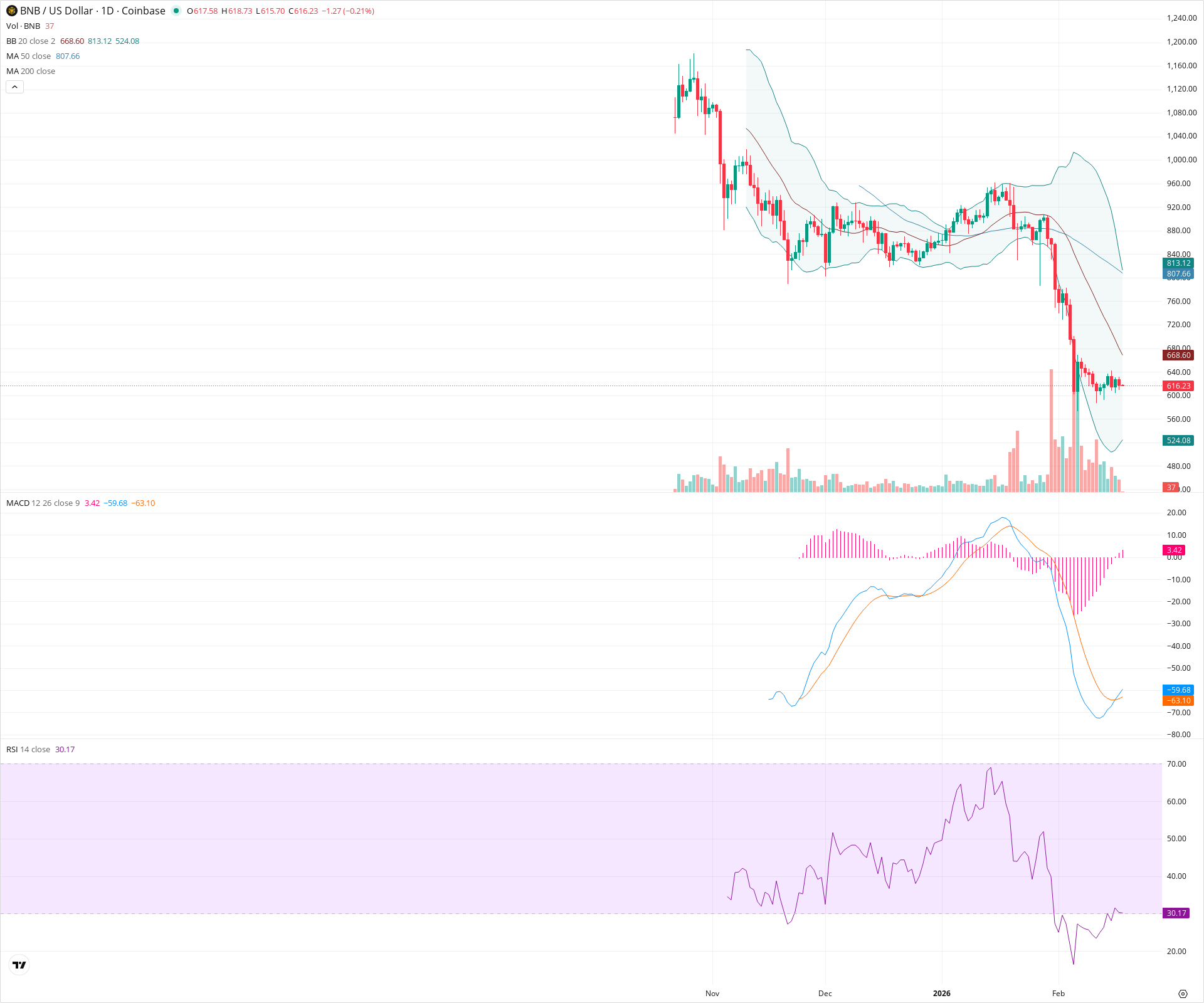 Daily candlestick price chart for BNB as of 2026-02-18T01:02:19.155Z, showing 20-, 50-, and 200-period SMAs, Bollinger Bands, volume, MACD, RSI, and the current price line with top status bar.