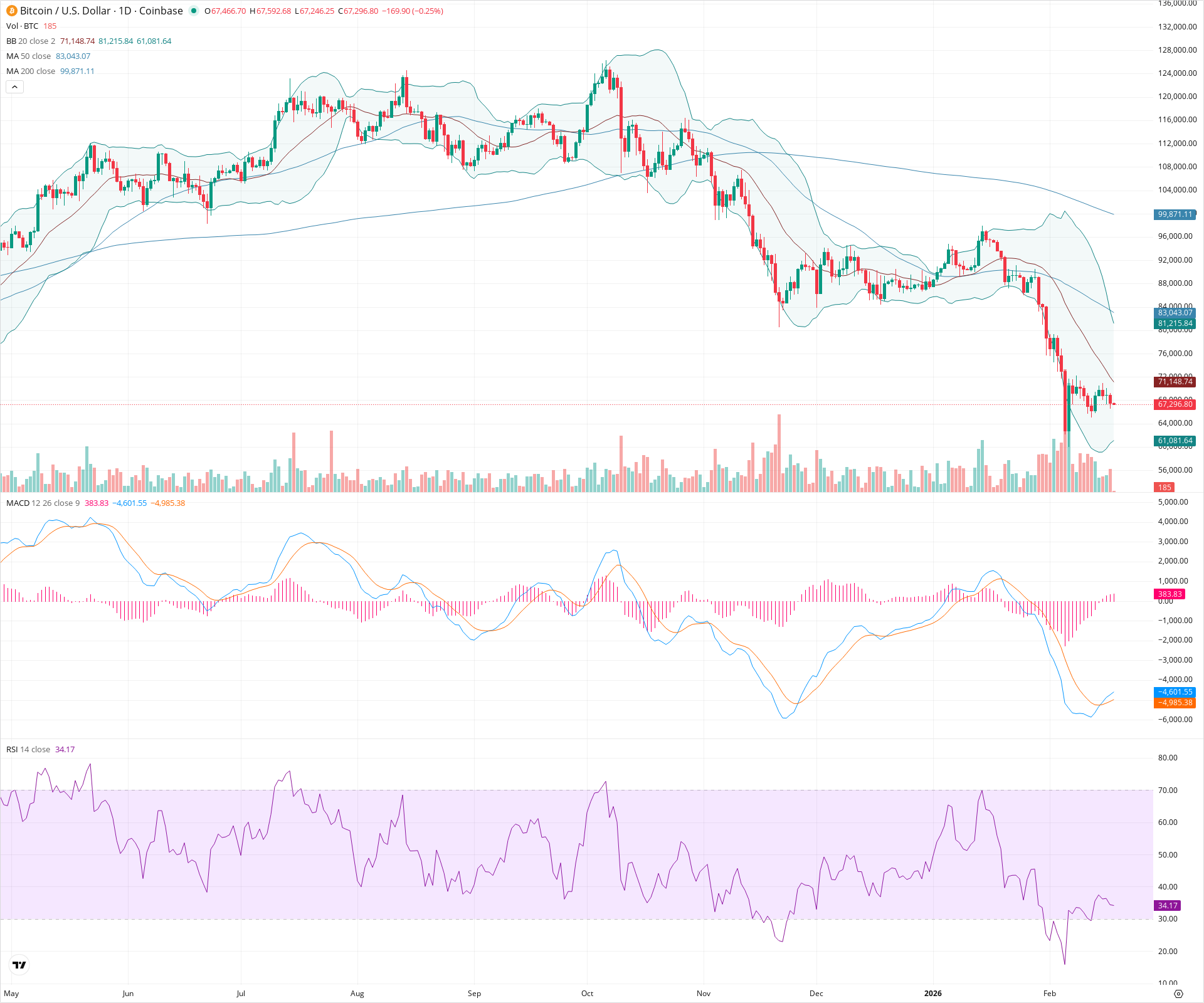 Daily candlestick price chart for BTC as of 2026-02-18T01:01:45.156Z, showing 20-, 50-, and 200-period SMAs, Bollinger Bands, volume, MACD, RSI, and the current price line with top status bar.