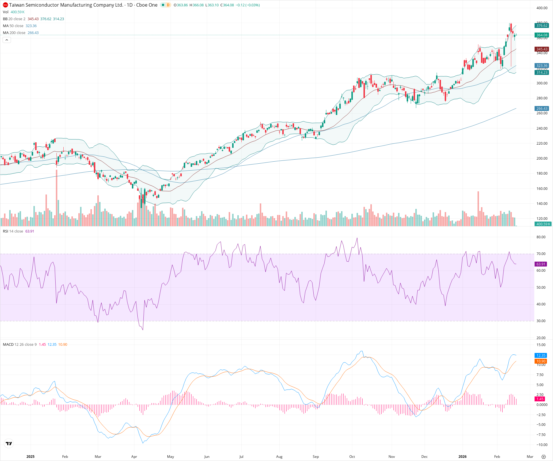 Daily candlestick price chart for TSM as of 2026-02-18T15:04:04.638Z, showing 20-, 50-, and 200-period SMAs, Bollinger Bands, volume, MACD, RSI, and the current price line with top status bar.